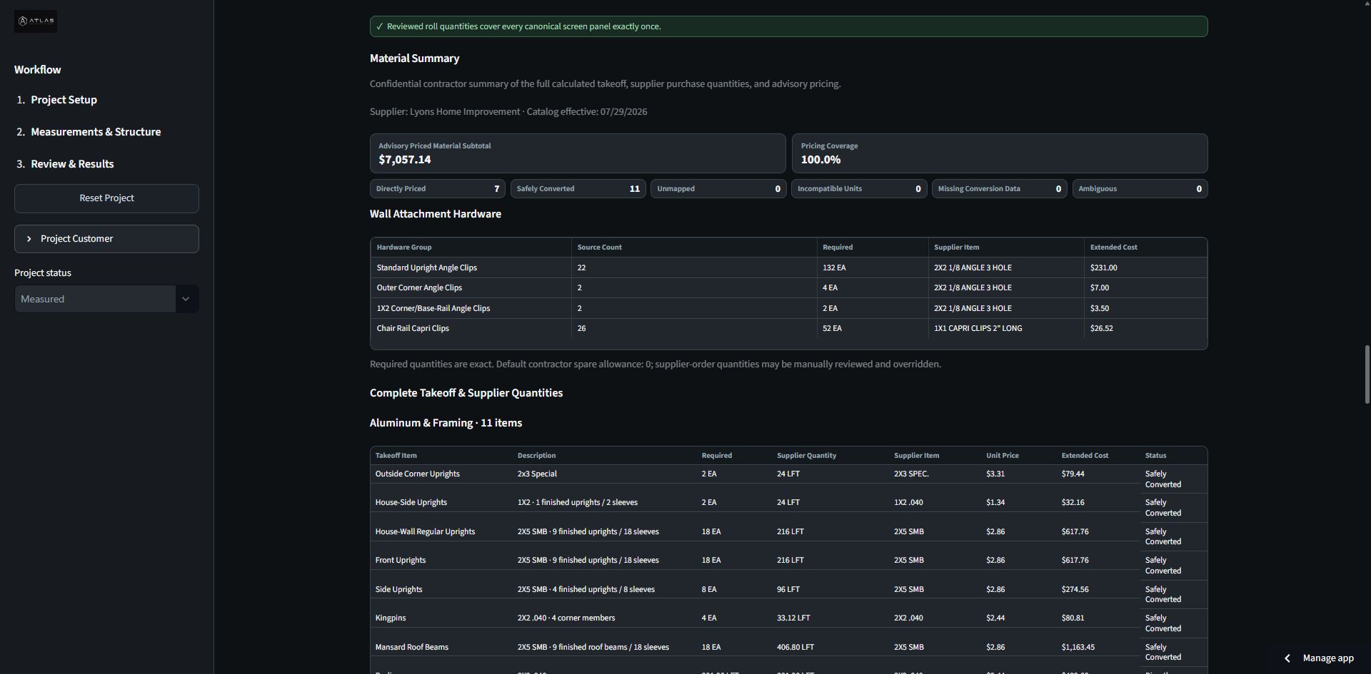 Enclosure material takeoff and supplier pricing summary