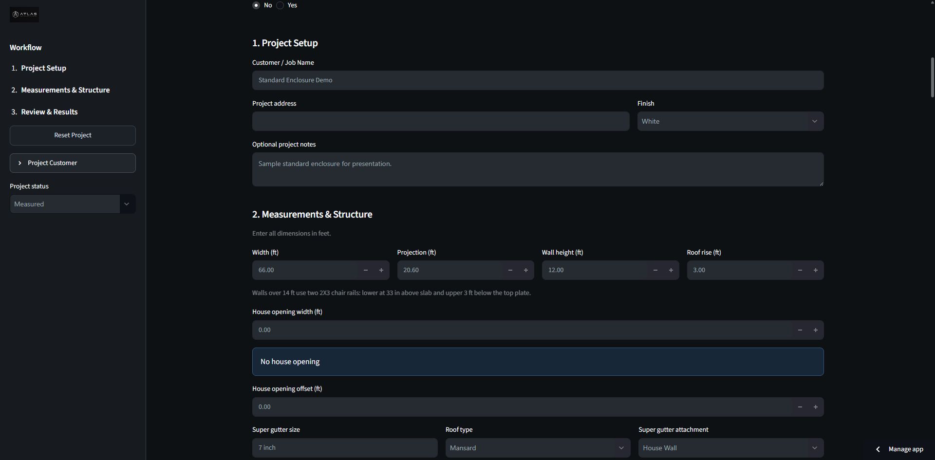 Enclosure project measurements and configuration workspace