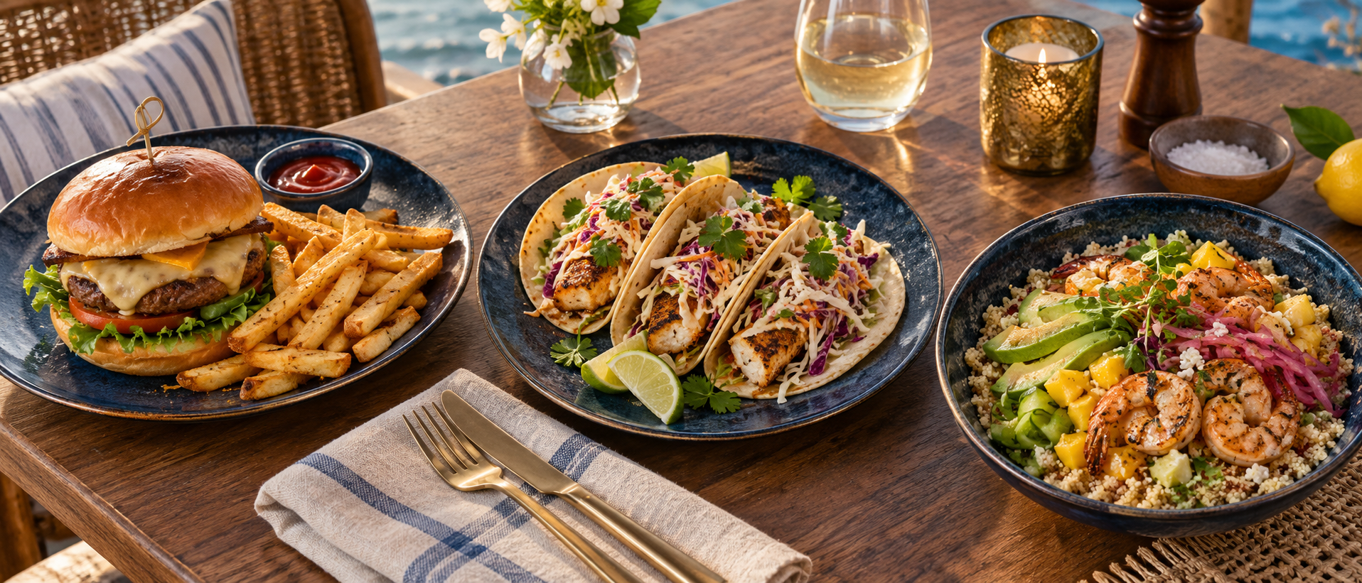 A burger and fries, blackened fish tacos, and a citrus shrimp bowl arranged on a coastal restaurant table